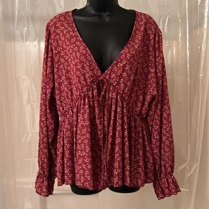 SHEIN CURVE 💋 BURGUNDY RED & WHITE FLORAL GATHERED WAIST BLOUSE TOP Women’s 2X